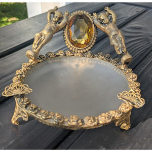 VTG Ormolu Filigree Gold Cherub Vanity Trinket Dish w/ Amber Glass Stone Regency